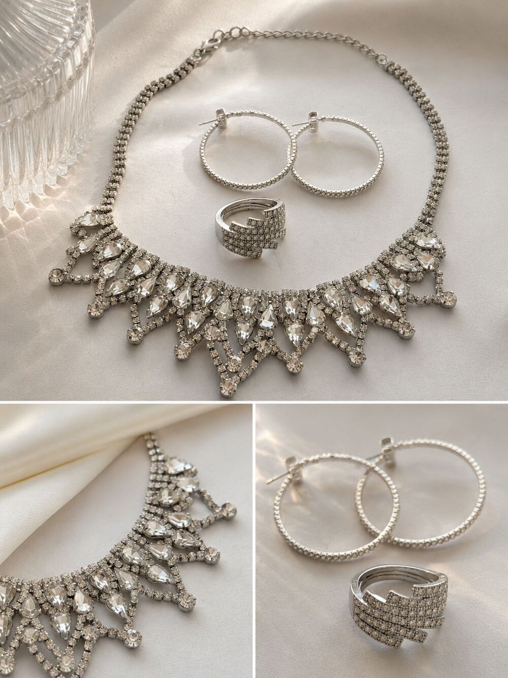 Vintage Silver Tone Rhinestone Tiara Statement Choker Necklace Hoop Earrings